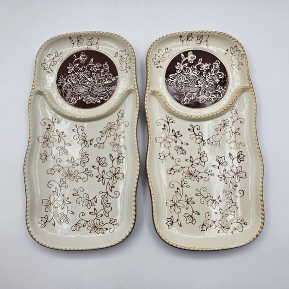 Tara Temptations Snack Serving Trays Chip & Dip in Floral Lace Brown Lot of 2 - Picture 2 of 7